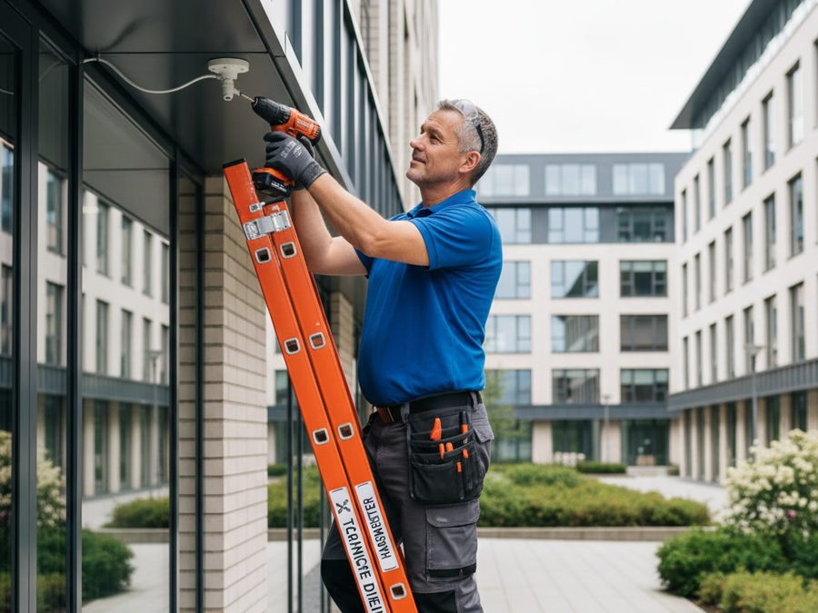 Hausmeister montiert auf einer Leiter ein Bauteil an der Fassade eines Wohngebäudes